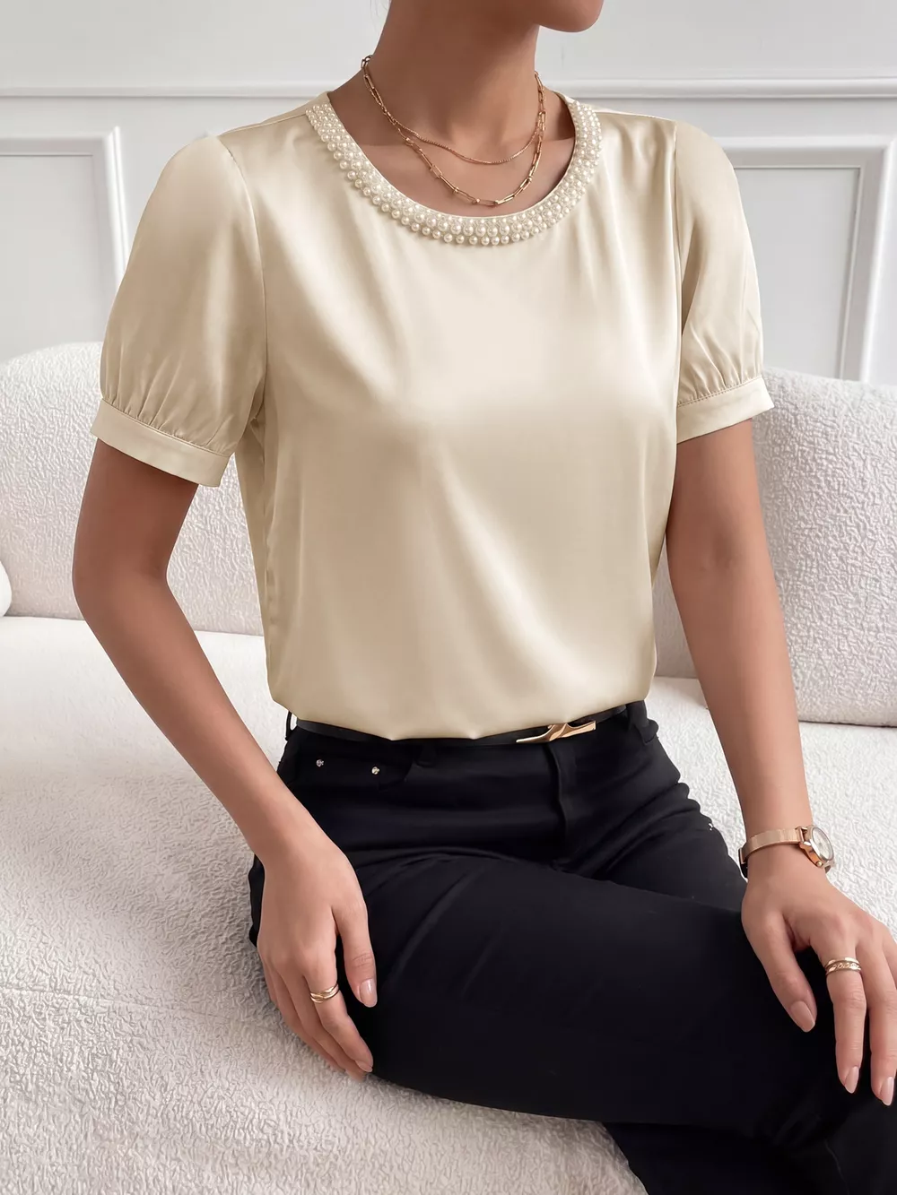 Pearl Trim Satin Bodysuit, image 6