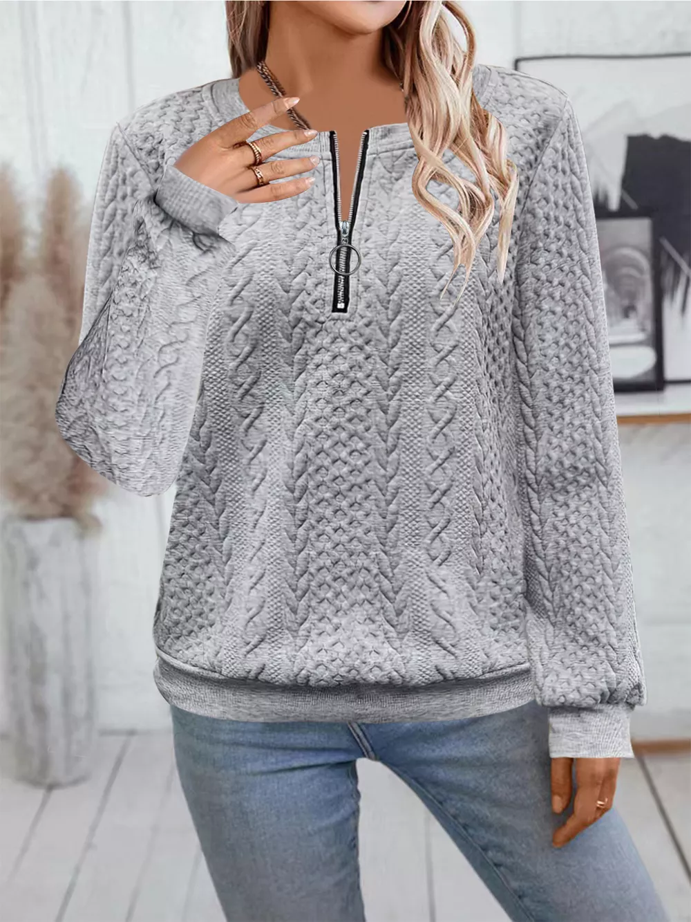 Chic Cable Texture Quarter-Zip Sweatshirt, image 3