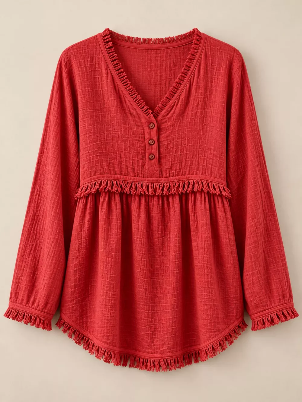 Full Size Fringed Trim V-Neck Long Sleeve Blouse Plus Size, image 67