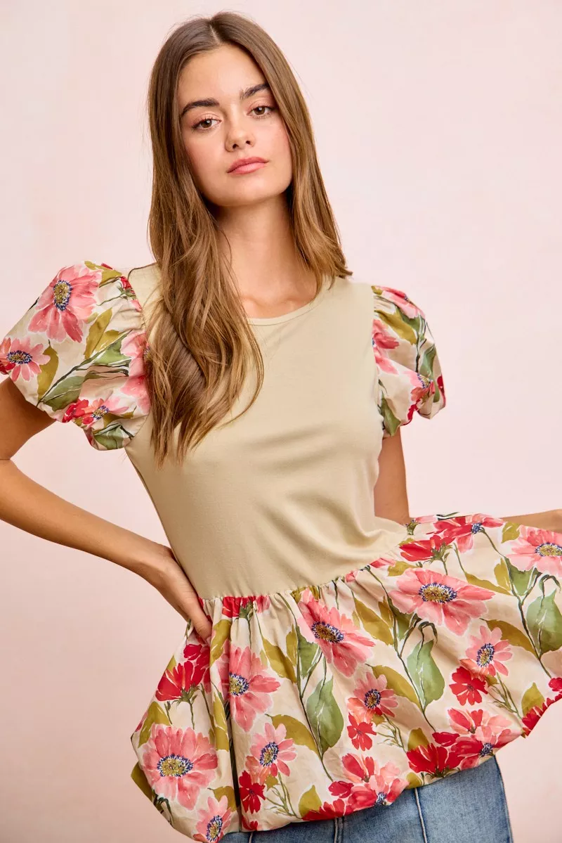 Floral Printed Bubble Sleeves and Hem Peplum Top, image 5