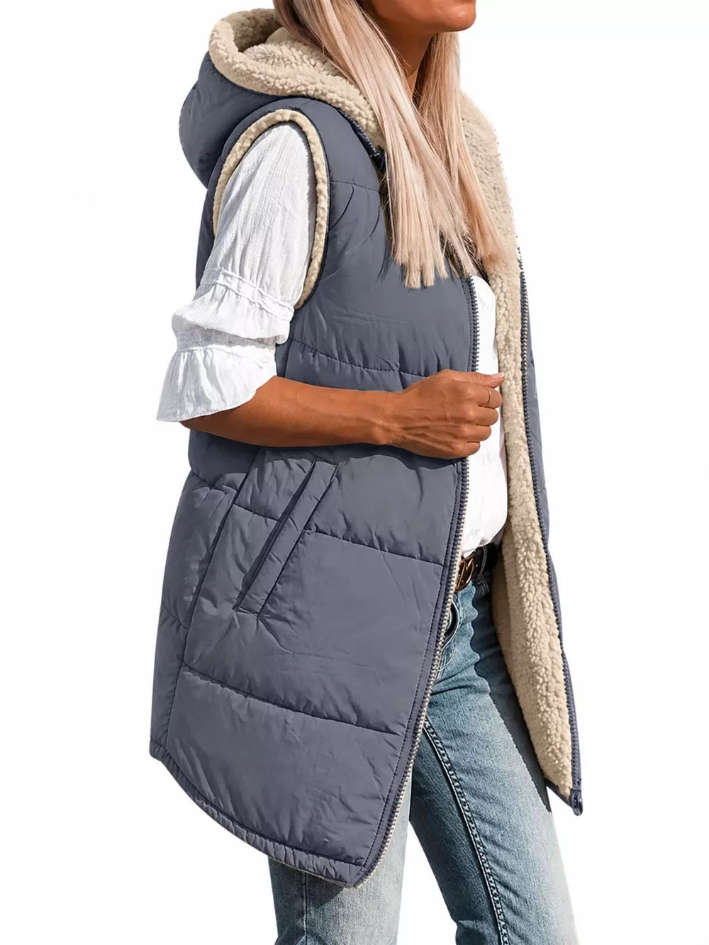 Full Size Hooded Sherpa-Lined Puffer Vest Coat Plus Size