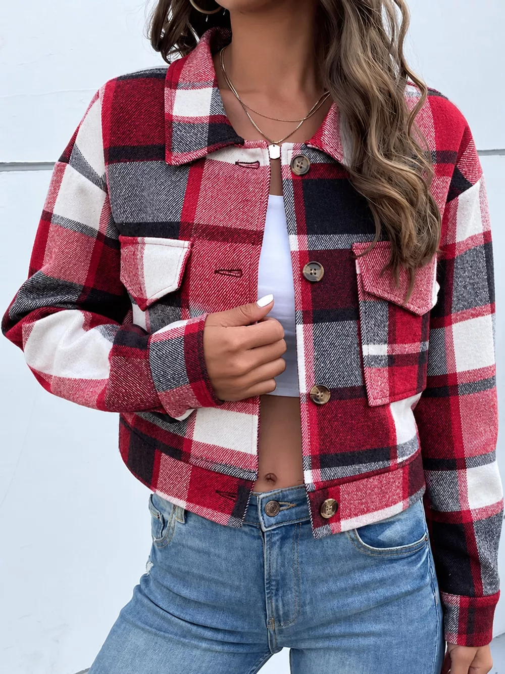 Plaid Button-Front Cropped Jacket, image 49
