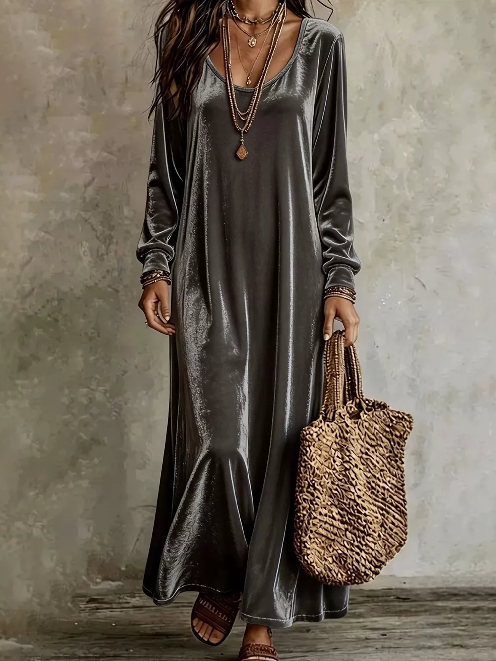 Velvet Long-Sleeve Maxi Dress, image 11
