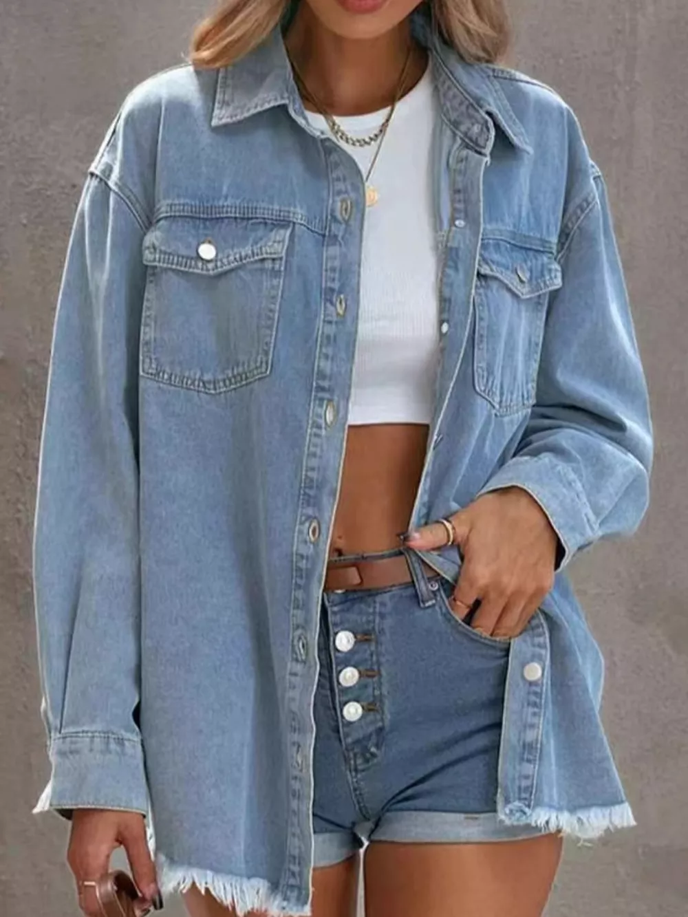 Raw Hem Button Up Denim Jacket, image 2