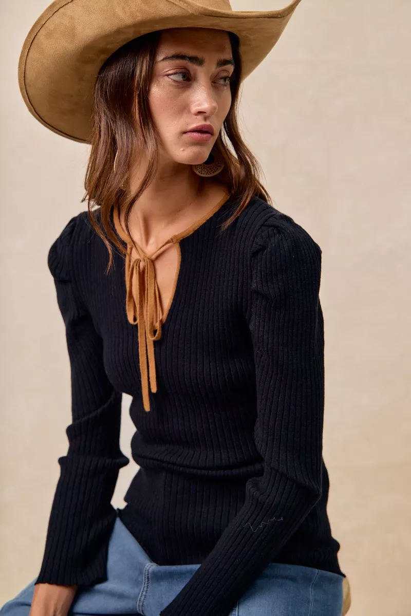 Ribbed Contrast Front Tied Top with Shrried, image 6