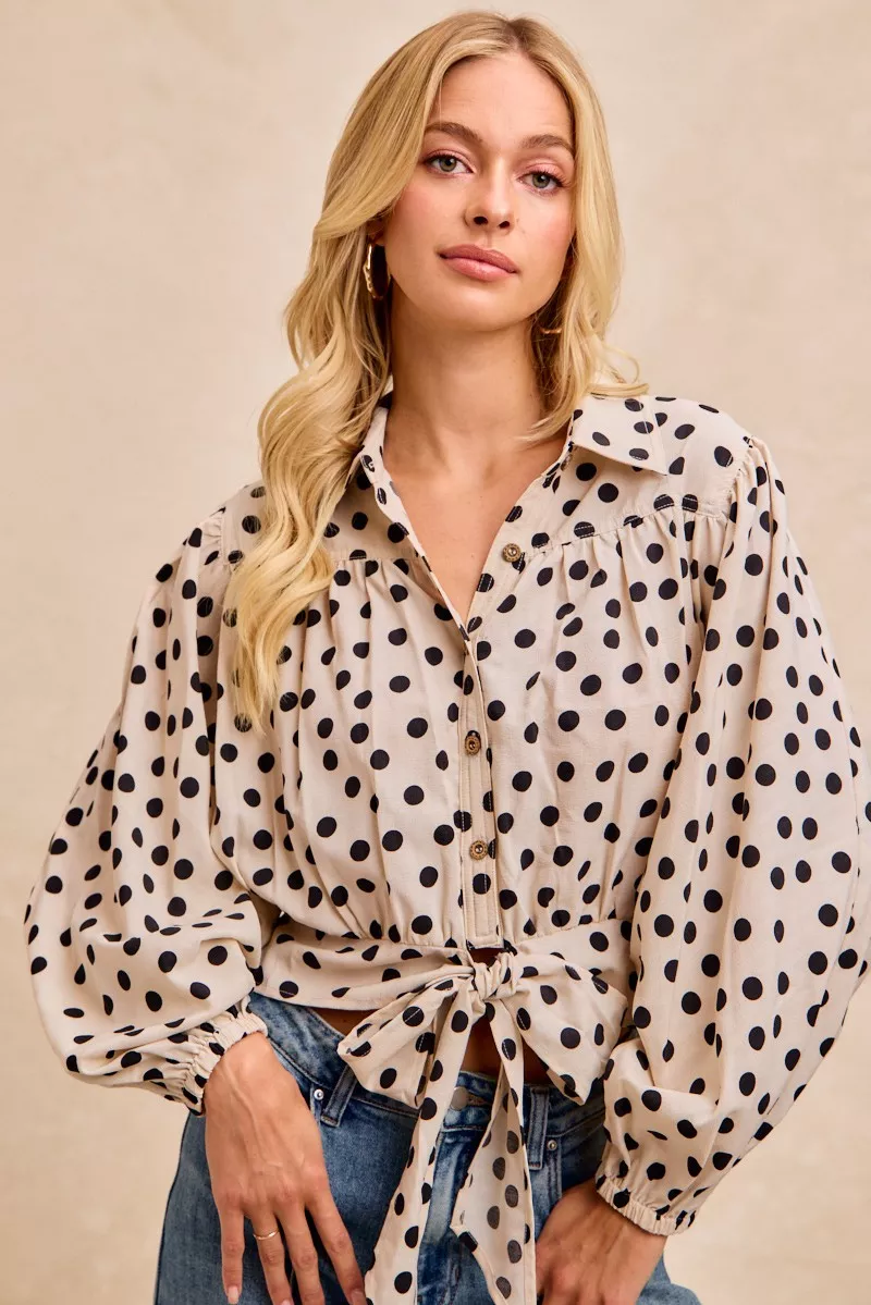 Polka Dot Print Tie Hem Detail Crop Shirt, image 6