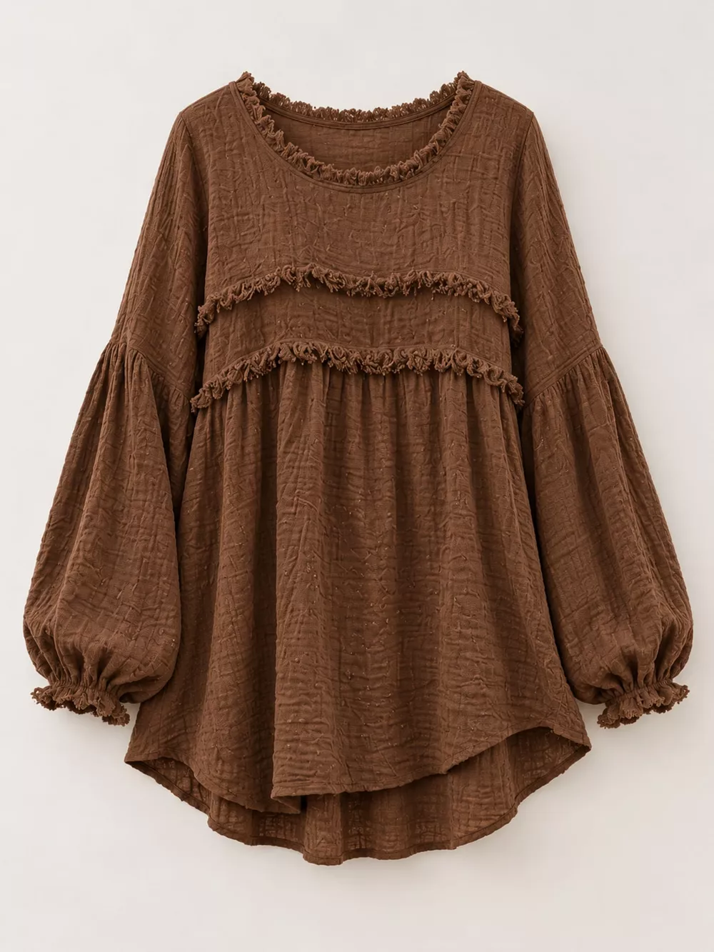 Full Size Boho Chic Textured Frayed Trim Peplum Blouse Plus Size, image 23
