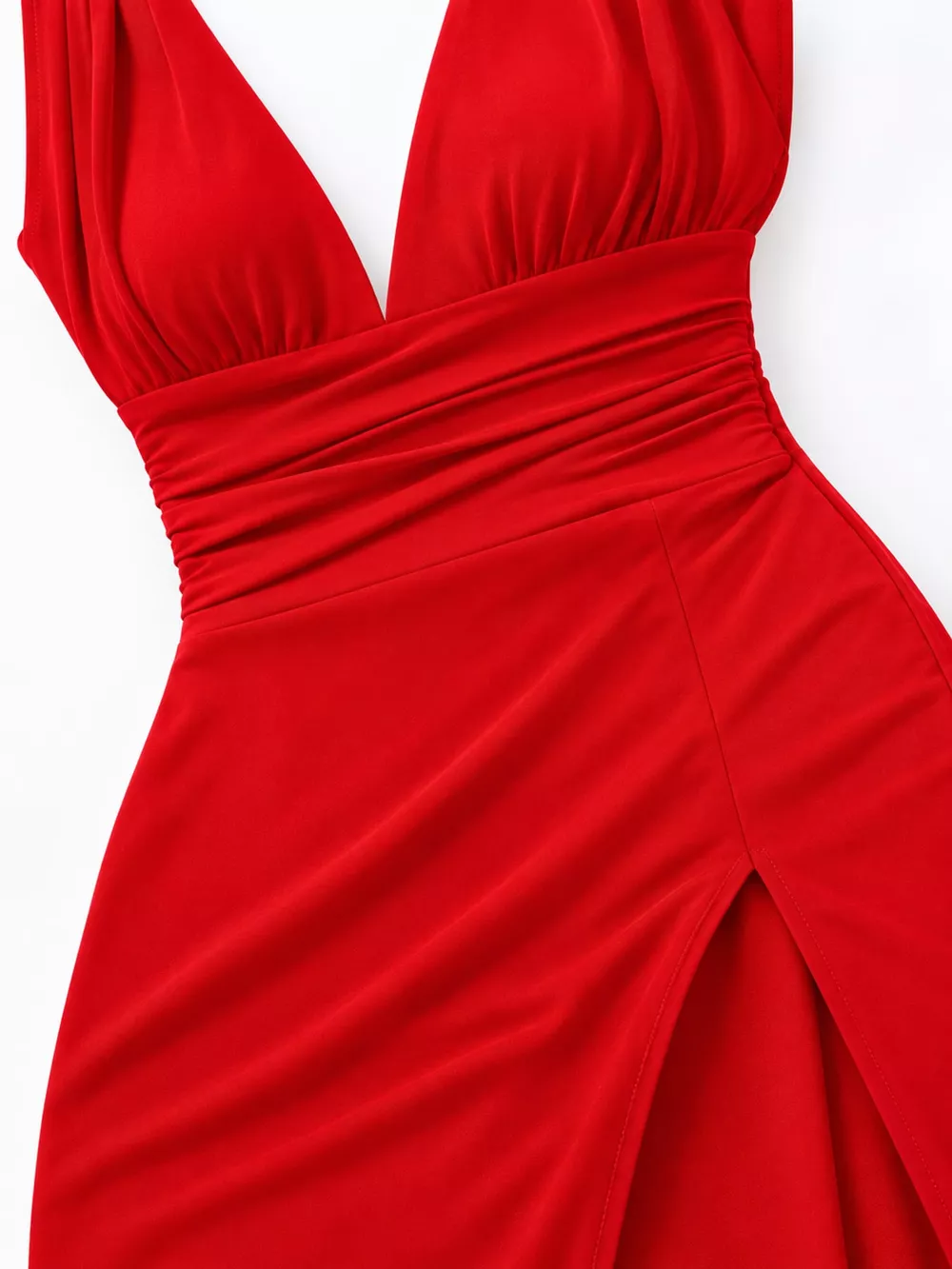 Sleeveless Deep V-Neck Ruched High Slit Bodycon Dress, image 12