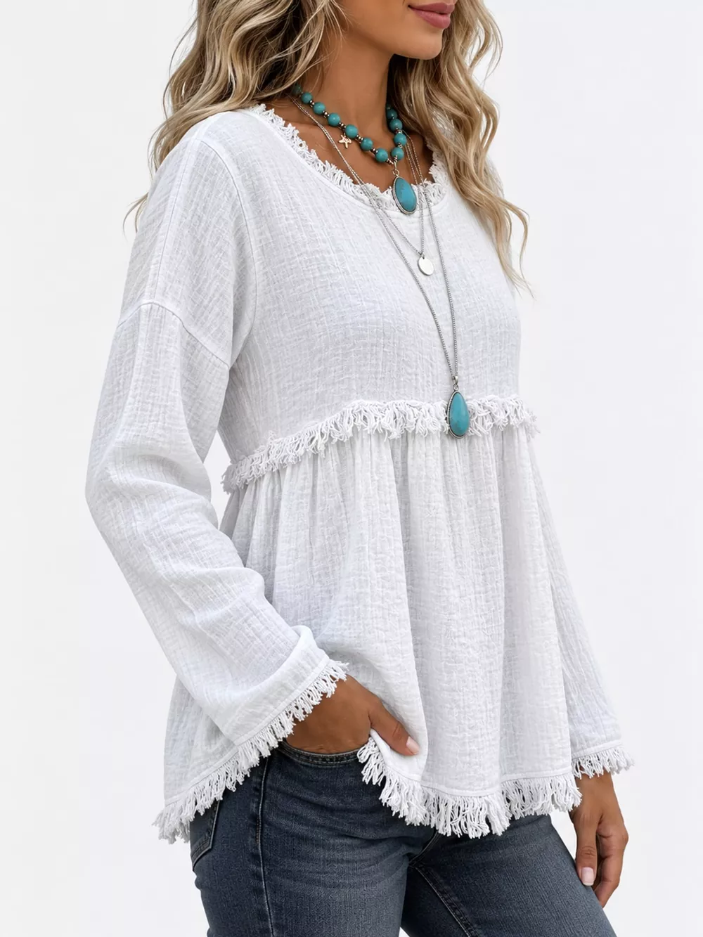 Full Size Frayed Hem Textured Blouse Plus Size, image 12