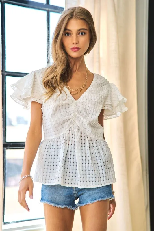 Shirring V-Neck Ruffle Gingham Plaid Printed Top