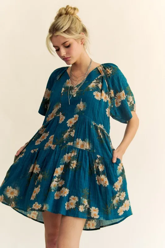 Floral Print Short Bell Sleeve Pleated Mini Dress, image 5