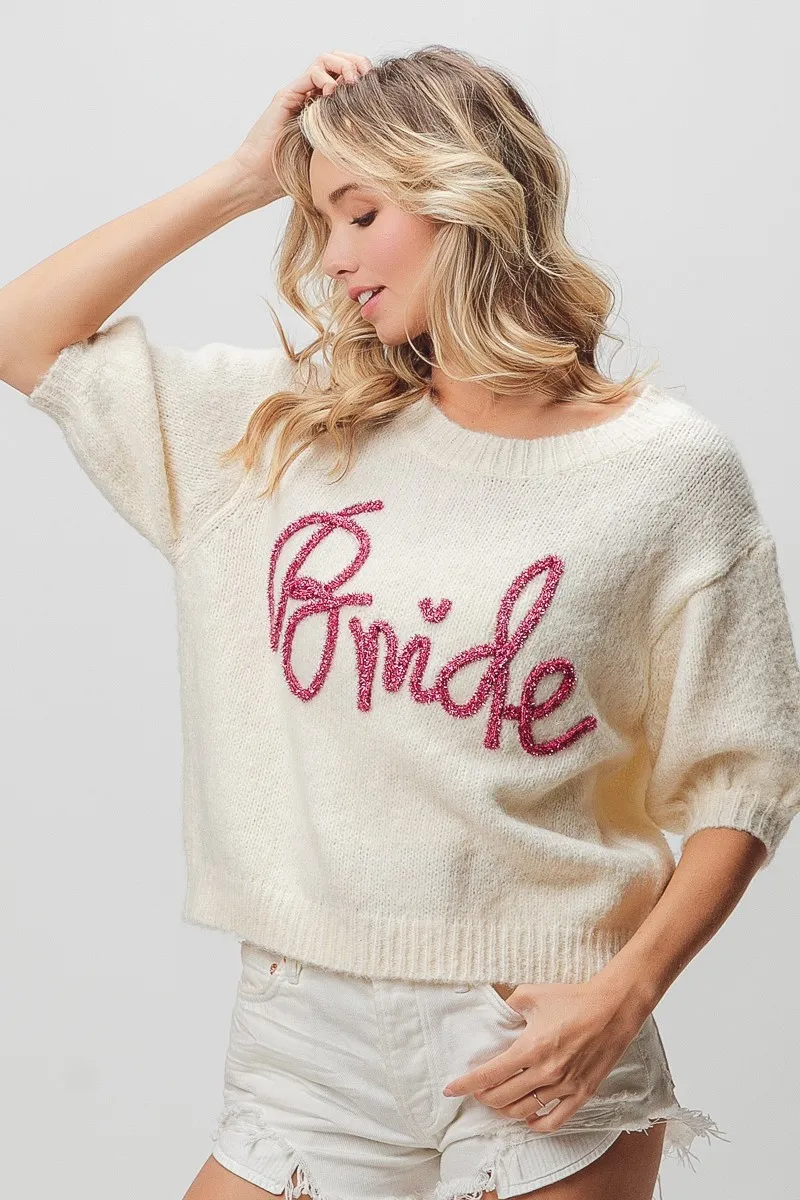 Metallic Letter Short Puff Sleeve Hairy Sweater, image 12