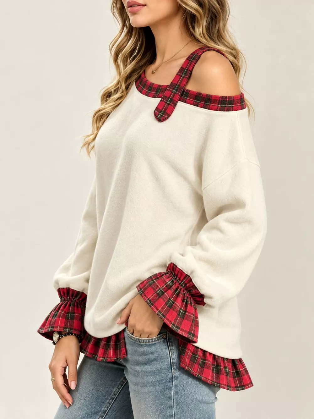 Full Size Plaid Ruffled Hem Asymmetrical Neck Sweatshirt Plus Size, image 3