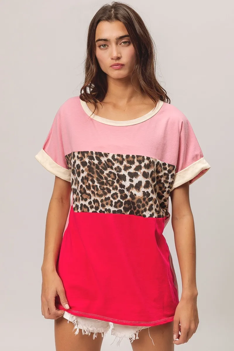 Leopard Printed Jersey Color Block Roll Up, image 2