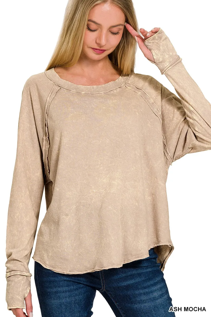 Crinkle Washed Thumb Hole Cuffs Long Sleeve Top, image 3