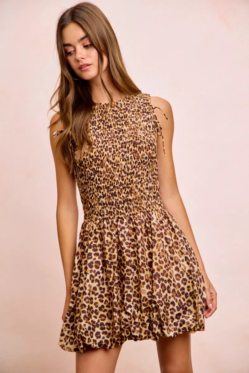 Leopard Bow Tie Attachable Puff Sleeves Dress, image 10