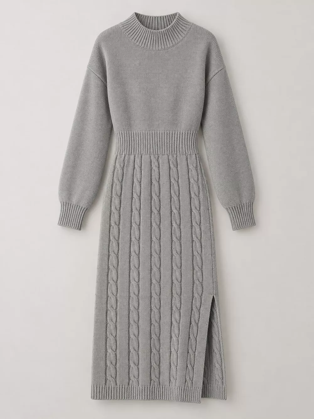 Full Size Mock Neck Cable Knit Sweater Dress with Front Slit Plus Size, image 37
