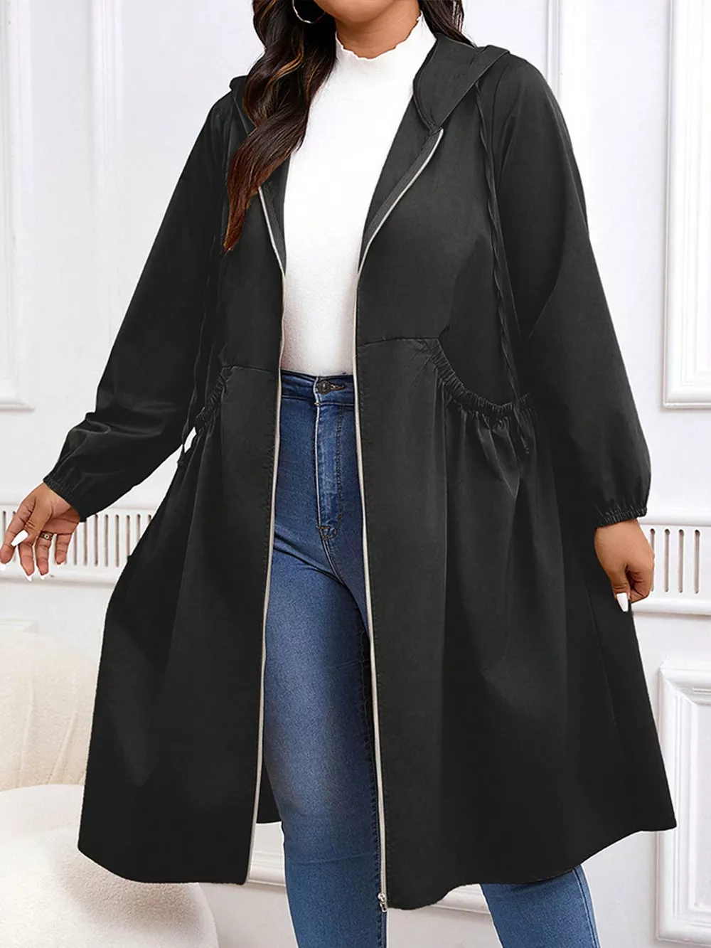 Plus Size Hooded Zip-Up Longline Windbreaker Outerwear, image 3