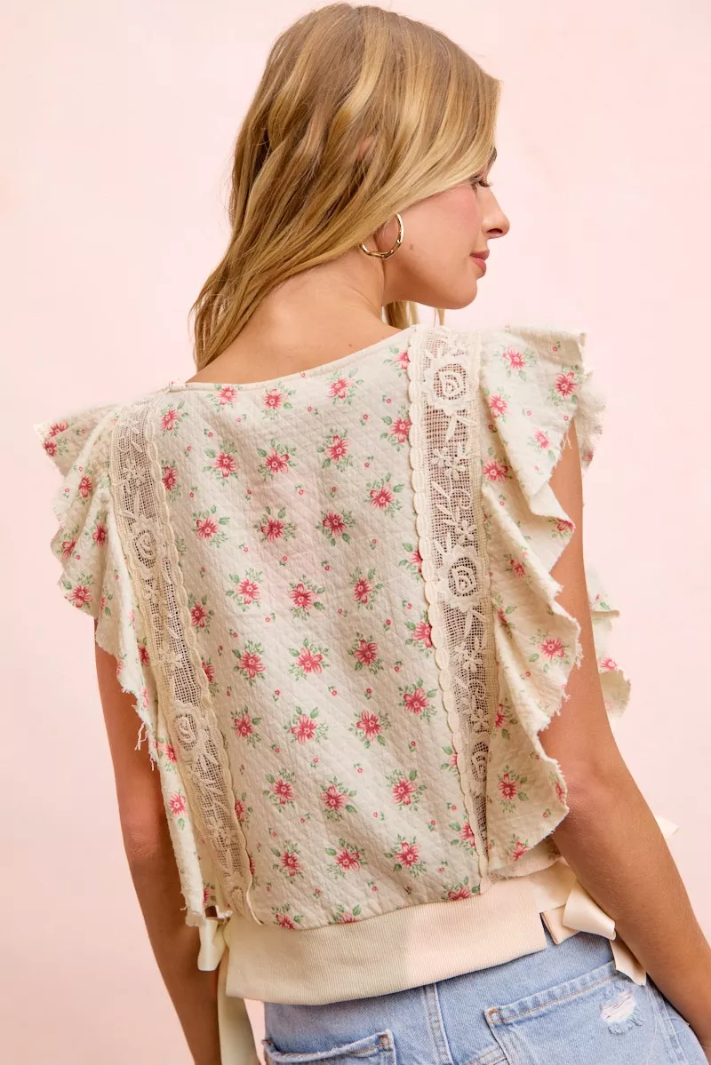 BiBi Flower Printed Ruffle Sleeve Trim Detail Top, image 3