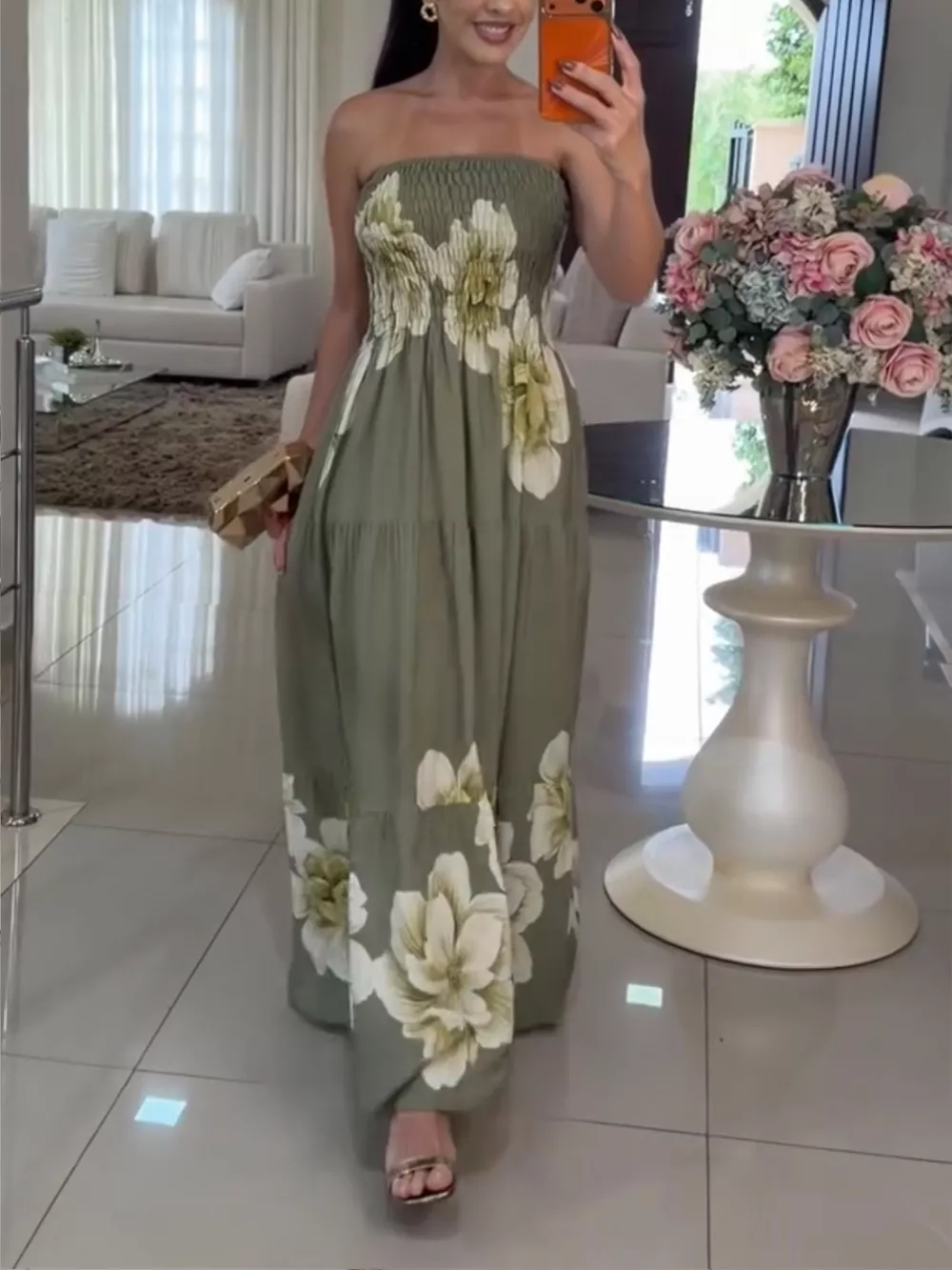 Floral Print Smocked Tube Maxi Dress, image 2