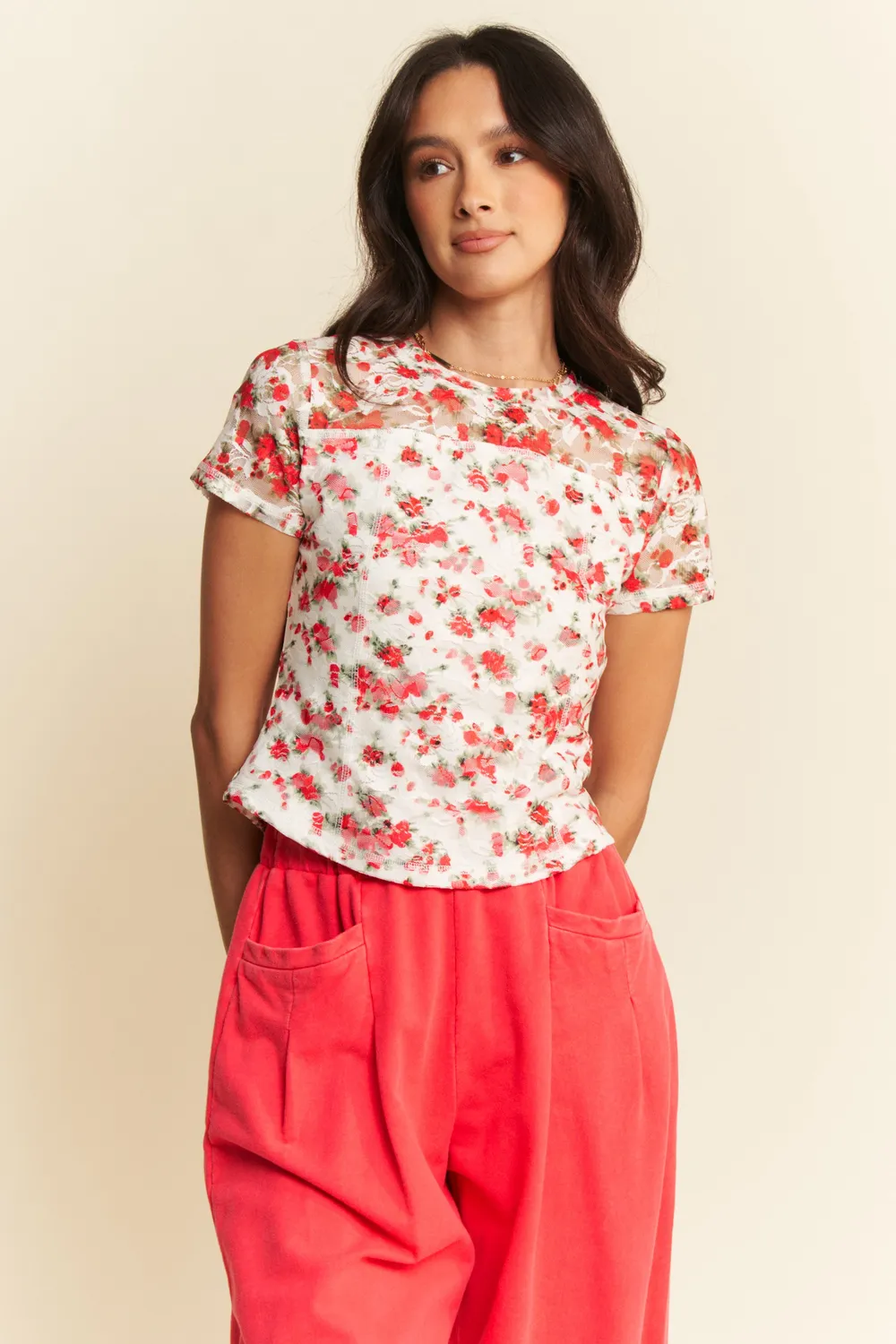 Ribbon Short Sleeve Layered Mesh Top, image 2