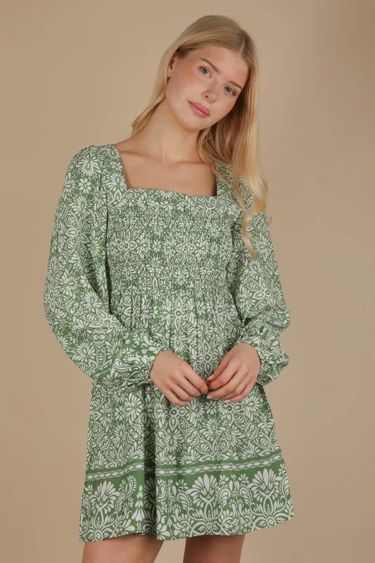 Printed Smocked Chest Boho Mini Dress, image 2