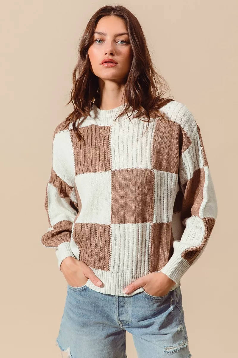 Ribbed Color Block Checkered Plaid Sweater, image 9