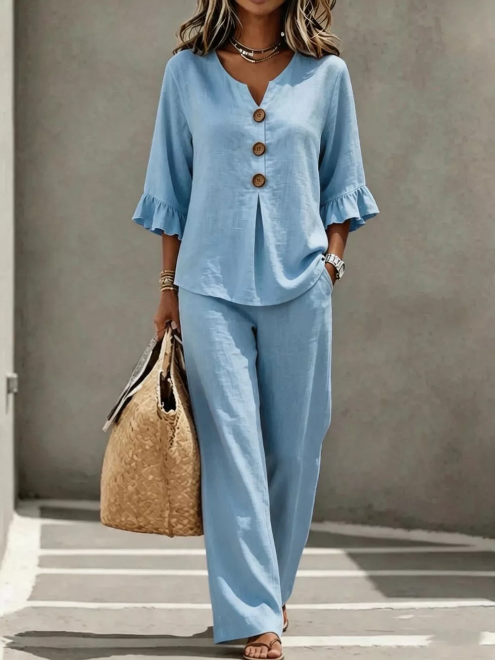 Full Size Decor Button Ruffled Top and Wide-Leg Pants Set Plus Size, image 5