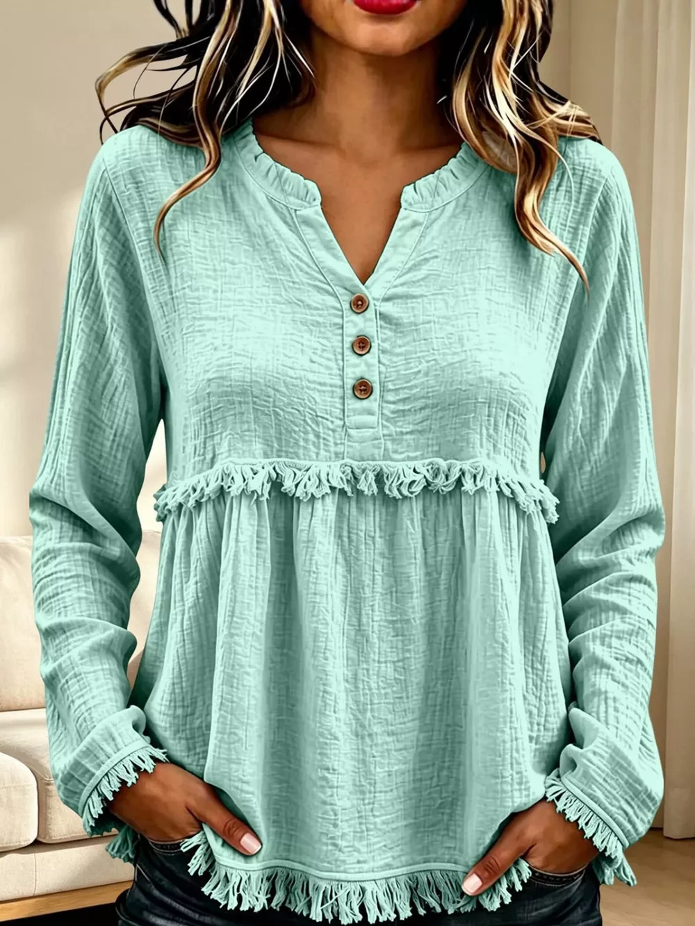 Full Size Frayed Hem Button Detail Blouse Plus Size, image 36