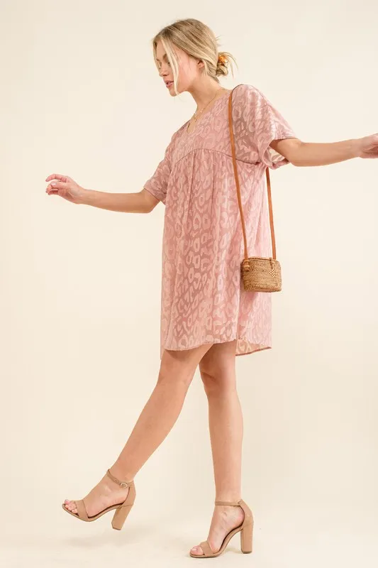 Woven Leopard Baby Doll Roll-Sleeve Casual Dress, image 3