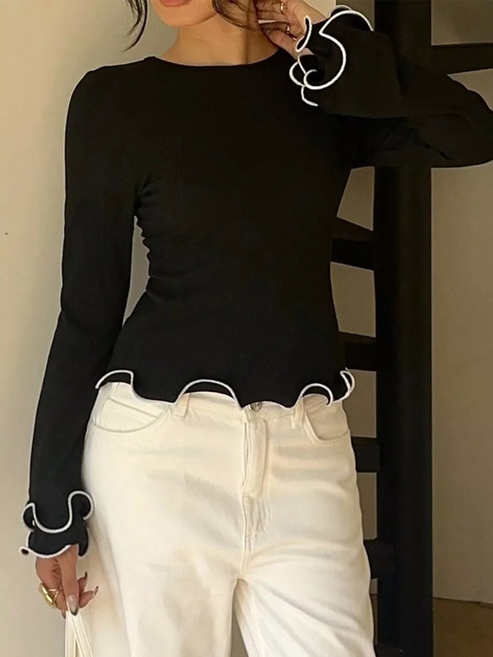 Lettuce Hem Tie Back Long Sleeve T-Shirt, image 2