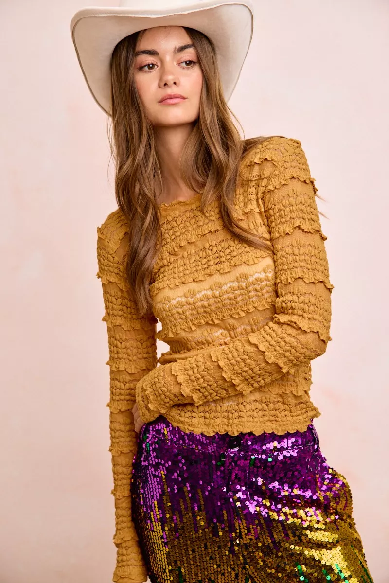 Ruffles Detail Mardi Gras Color Flower Lace Top, image 5