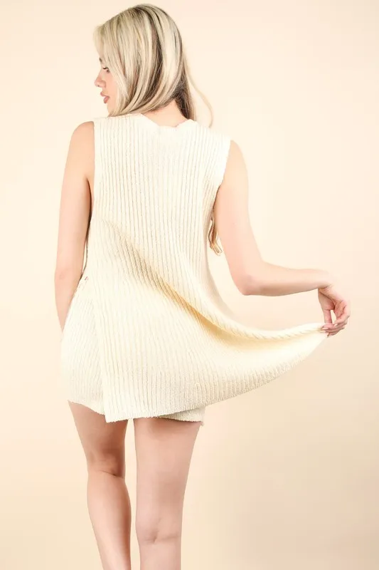 Slit Round Neck Top and Shorts Sweater Set, image 3