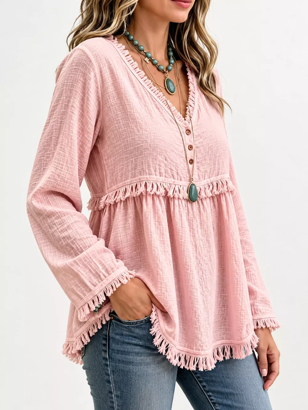 Full Size Fringed Trim V-Neck Long Sleeve Blouse Plus Size, image 45
