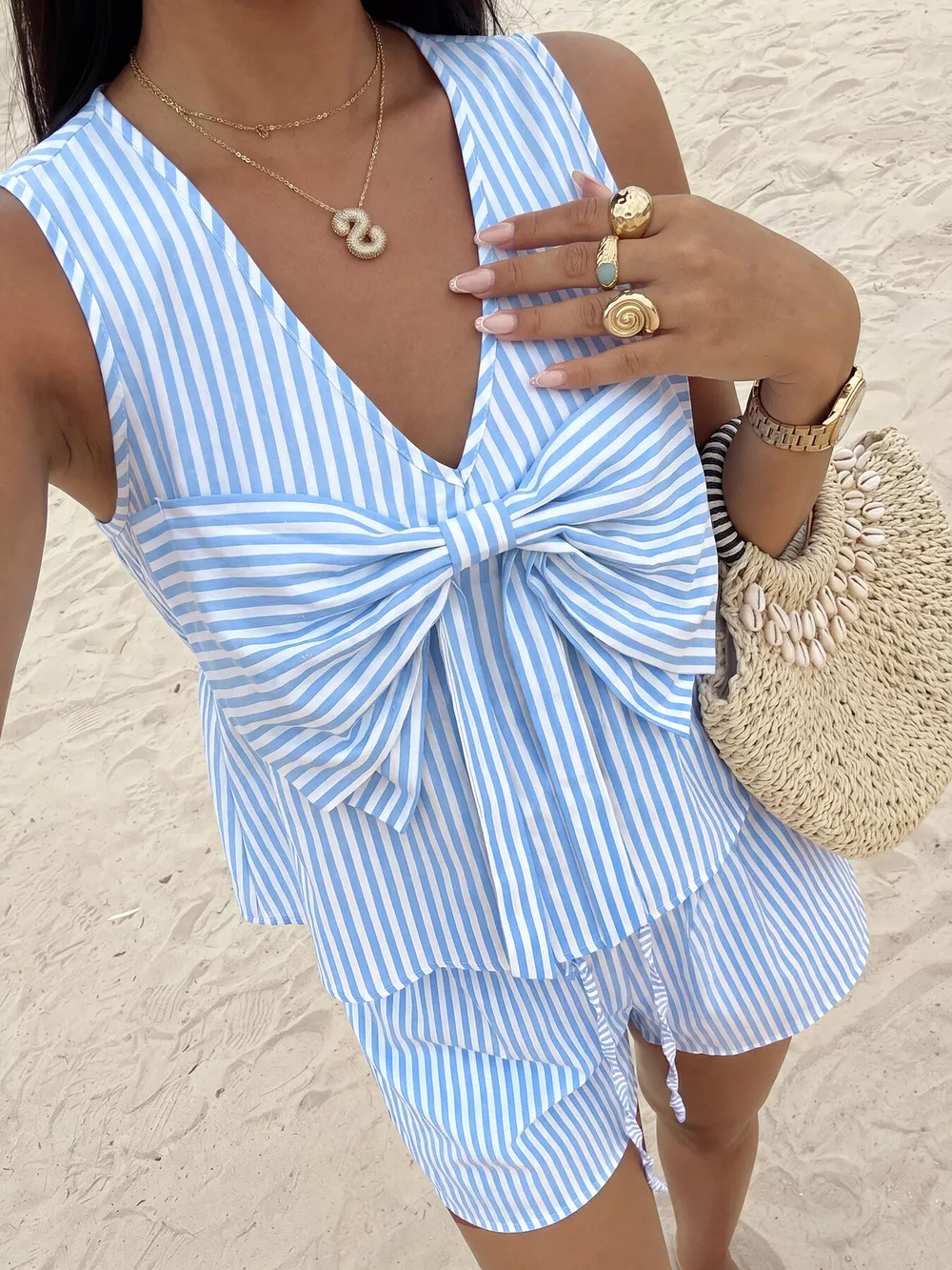 Striped Bowknot Sleeveless Top & Shorts Set, image 5