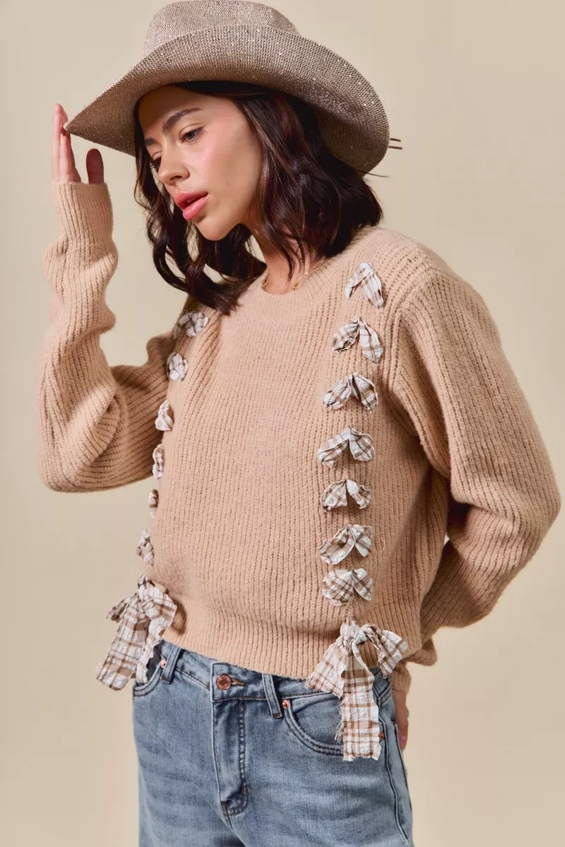 Checkered Plaid Tape Lace Up Ribbed Sweater, image 5