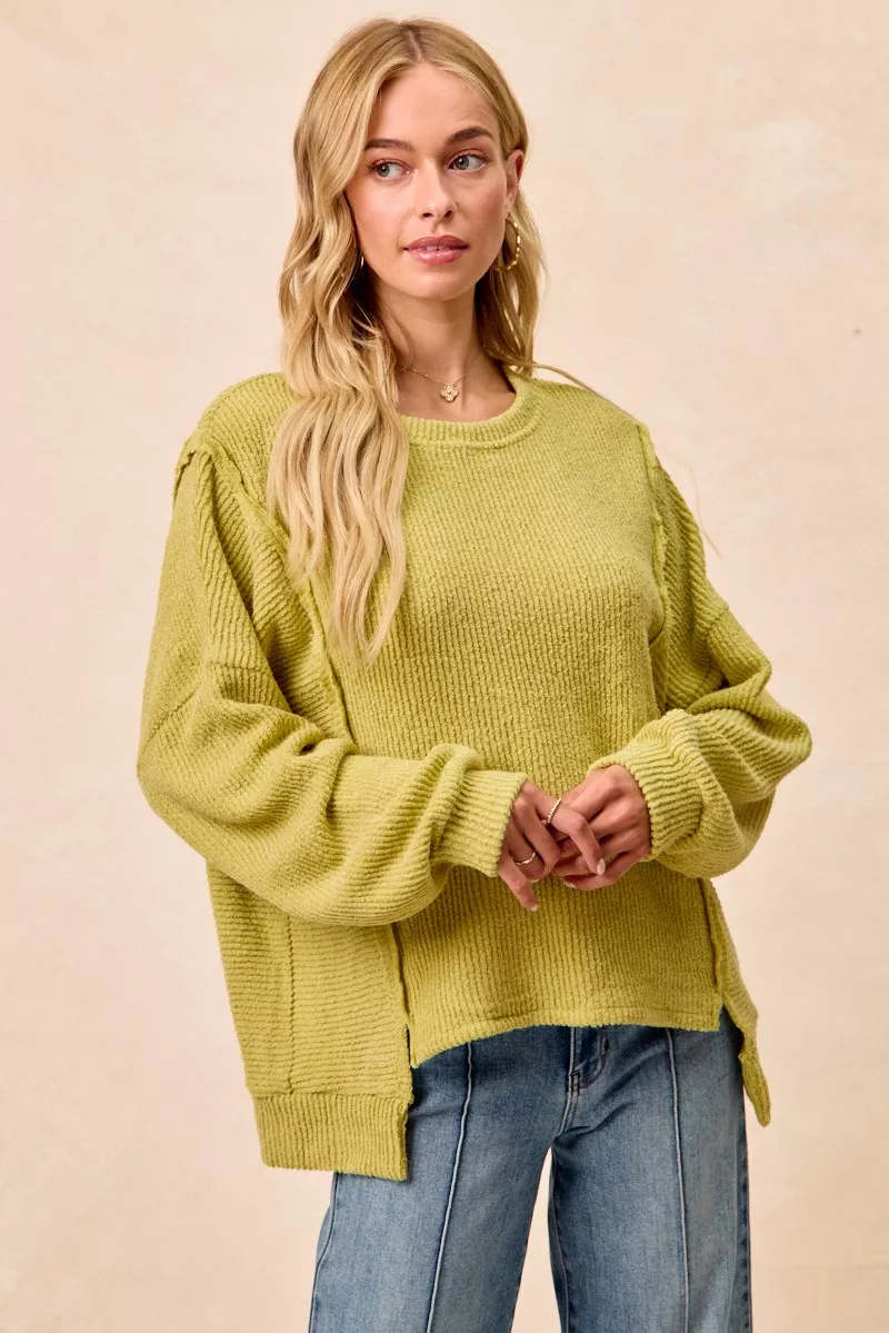Boucle Rib Knit Uneven Hem Sweater With Open Seam, image 7