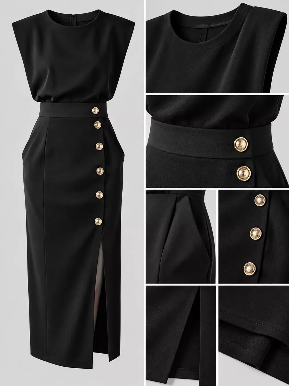 Sleeveless Midi Dress with Gold Button Detail and Side Slit, image 5