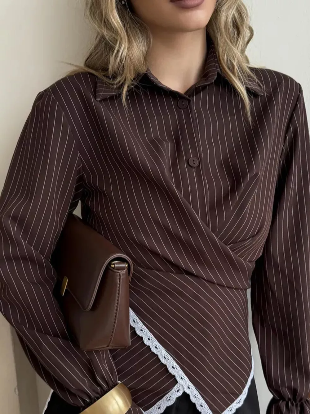 Lace Trim Long Sleeves Striped Shirt, image 5