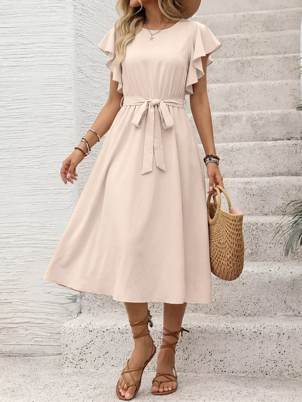 Ruffle Sleeve Tie Waist Midi Dress, image 5