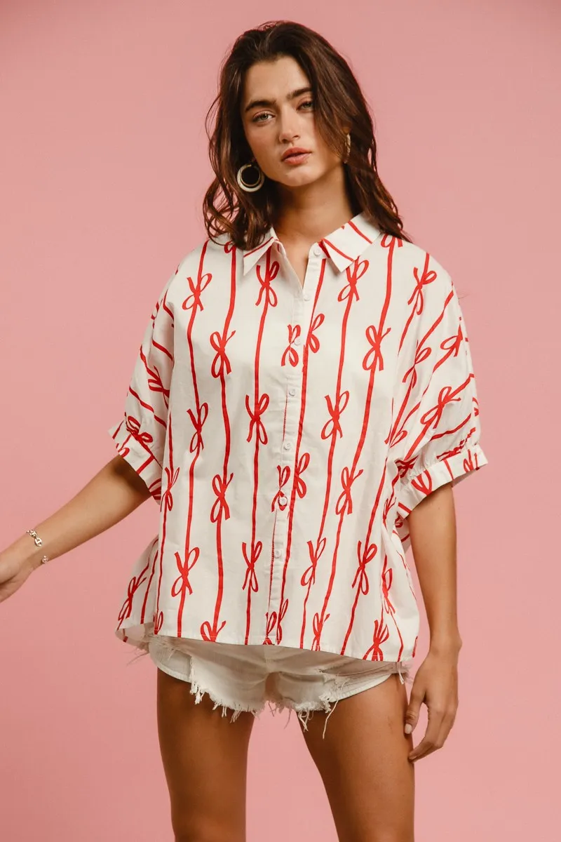 Bow Ribbon Woven Printed Button Down Shirt, image 7