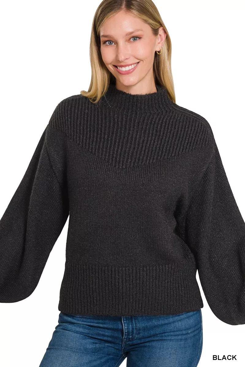 Balloon Sleeve Mock Neck Sweater, image 2
