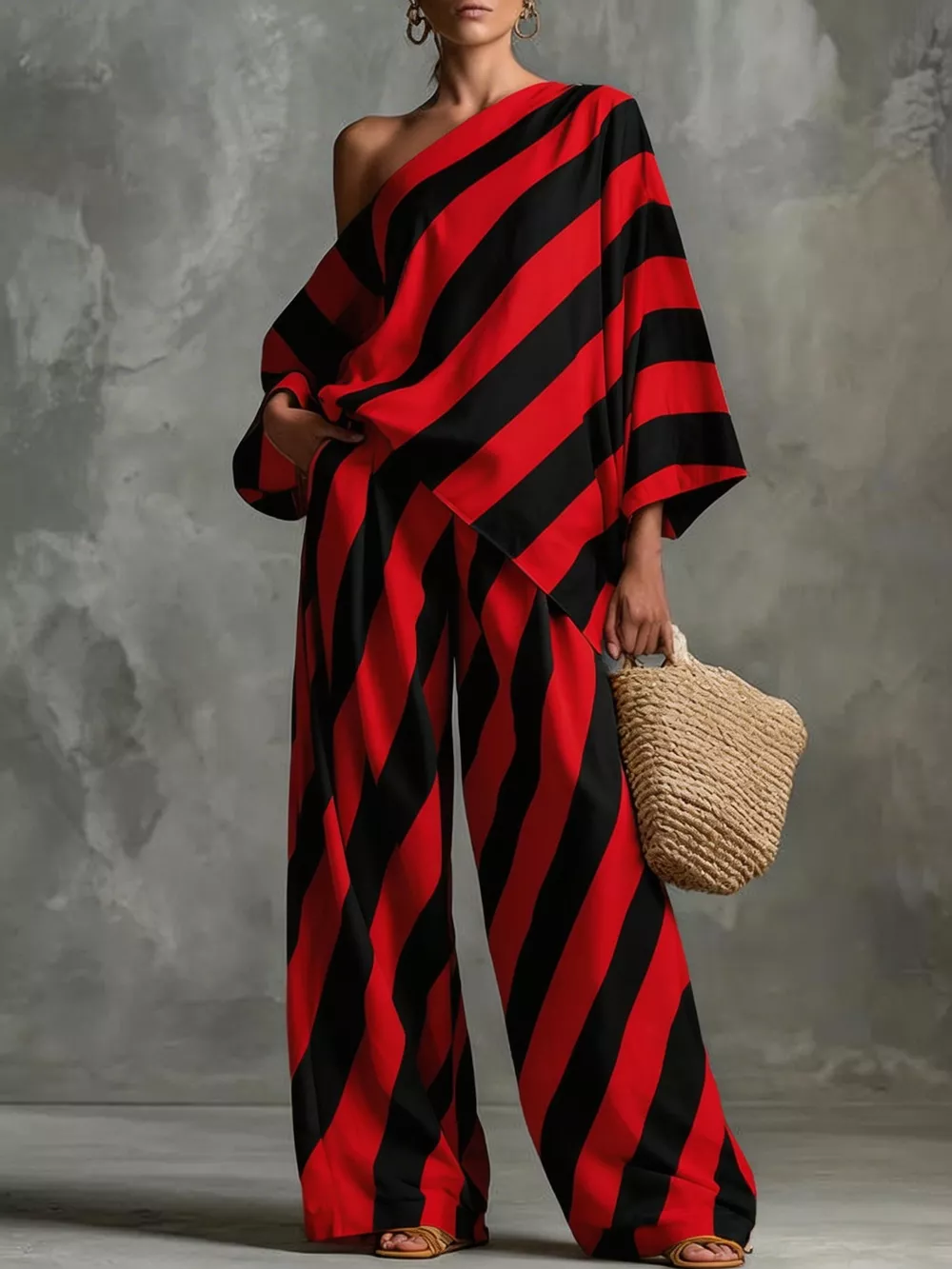 Full Size One-Shoulder Striped Top and Wide-Leg Pants Set Plus Size, image 8