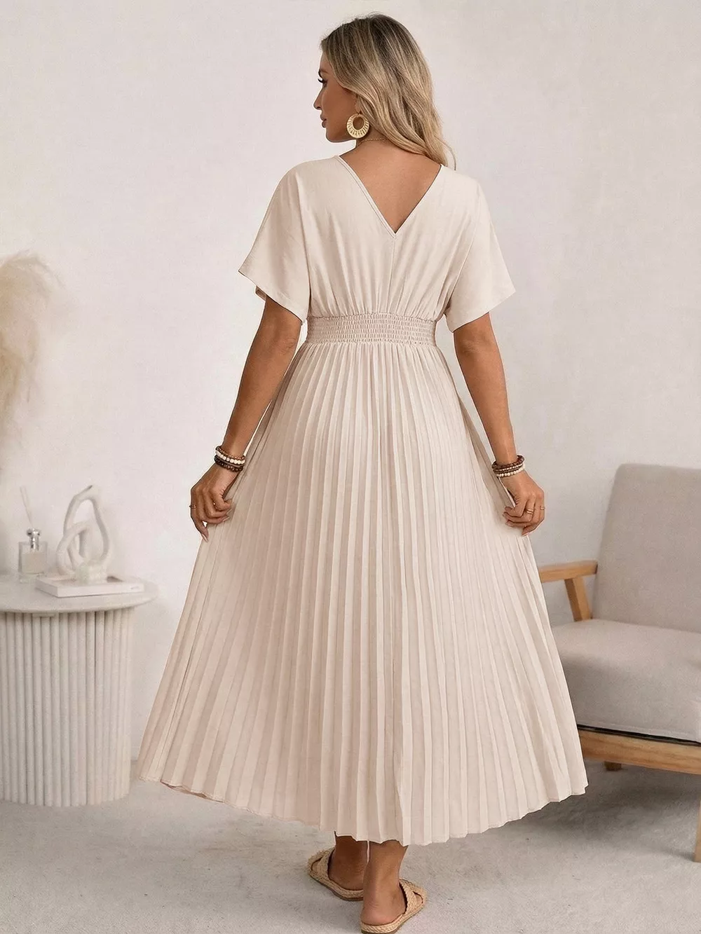 Pleated V-Neck Midi Dress, image 5