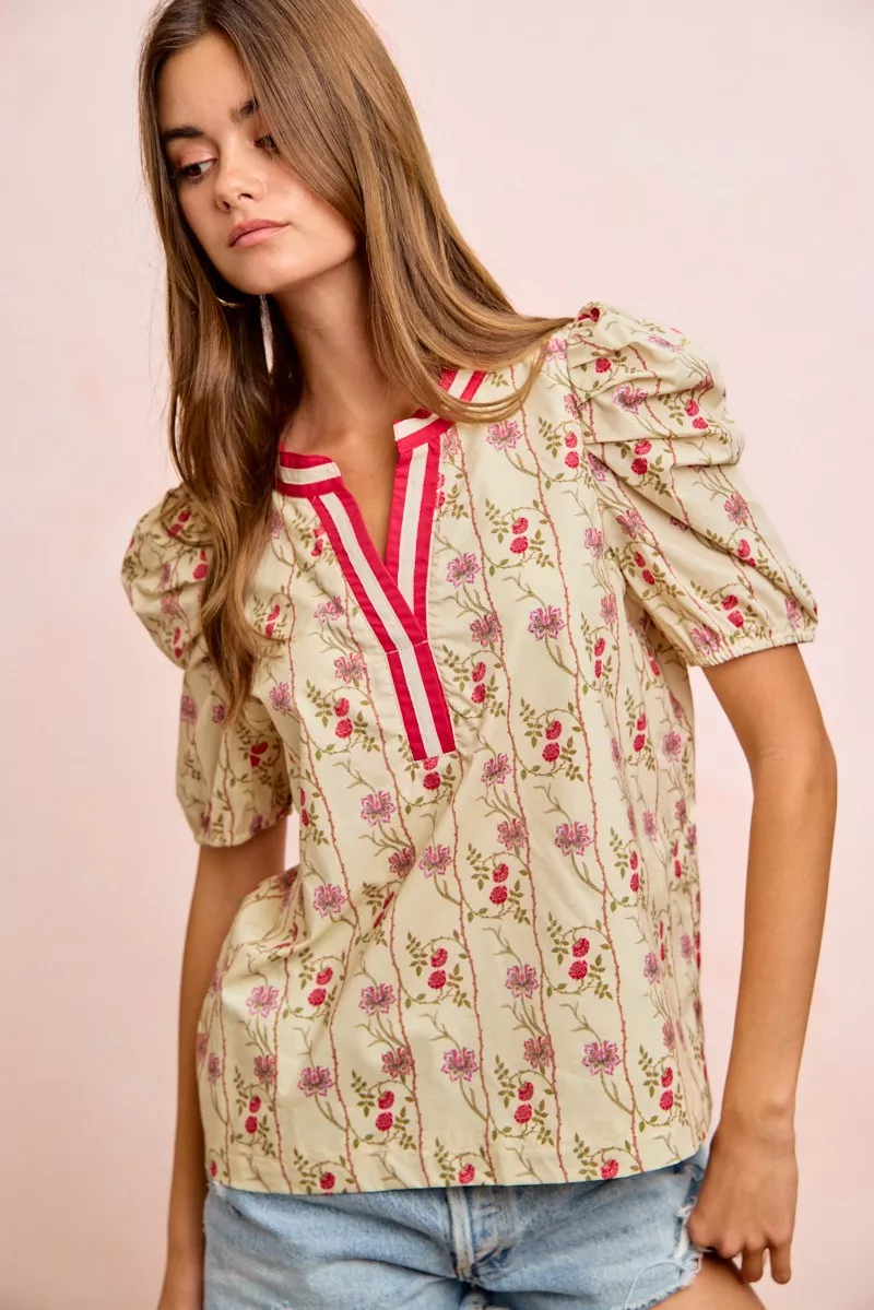 Floral Gather Sleeves Contrast Neckband Blouse Top, image 11