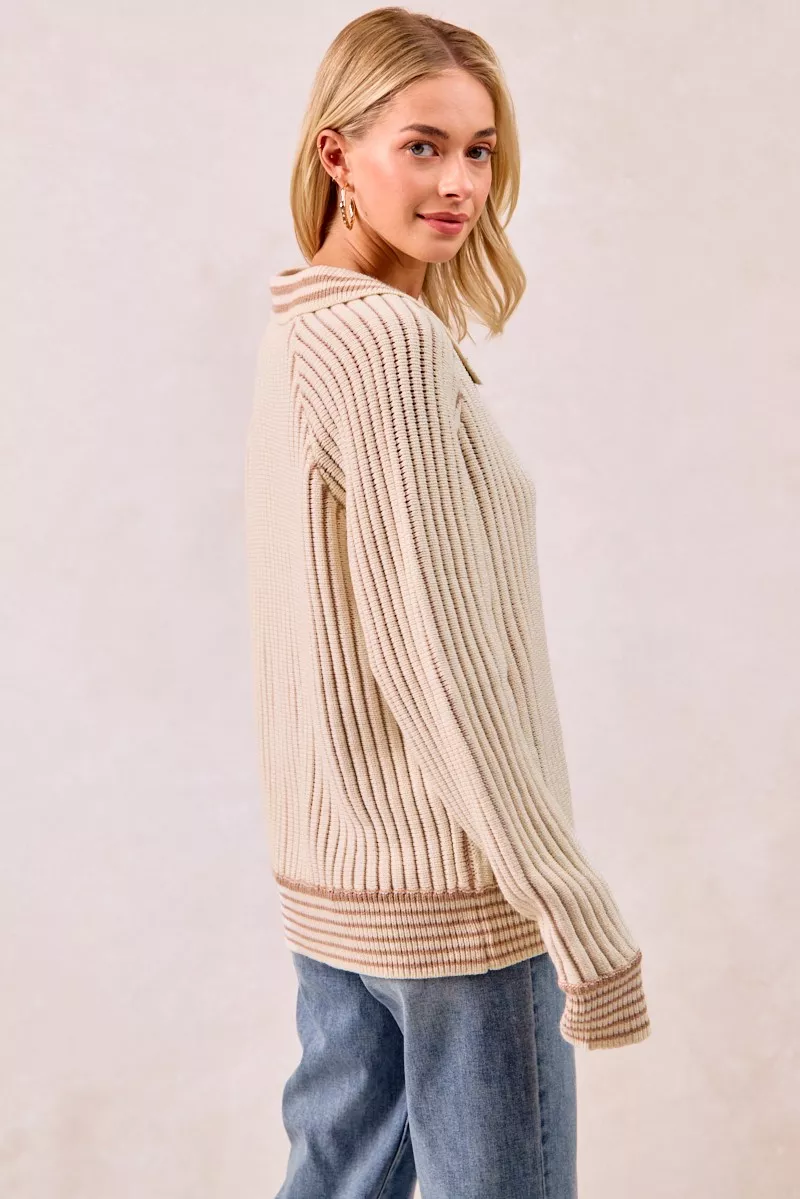 Half Button Ribbed Two Tone Sweater, image 7