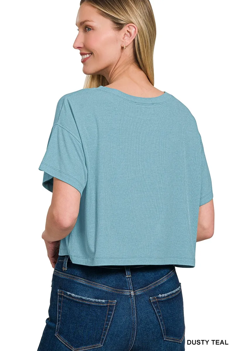 Ribbed Round-Neck Crop T-Shirt, image 3
