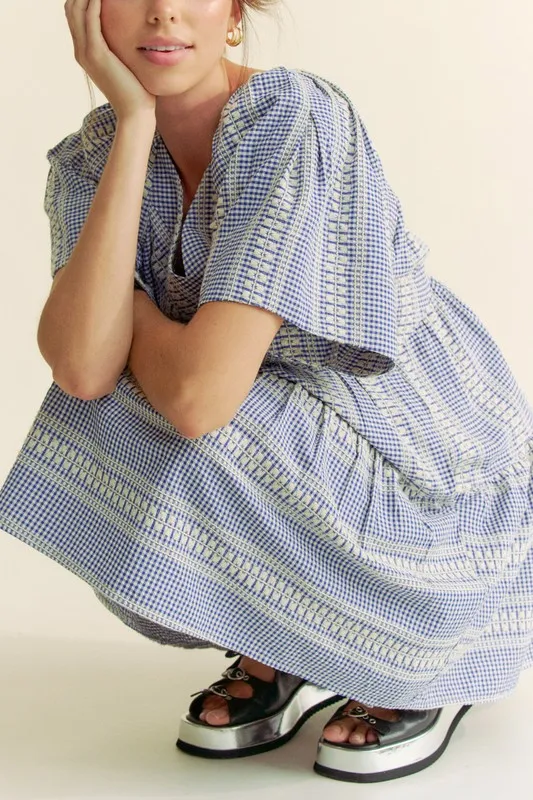 Embroidered Stripe Ruffled Gingham Mini Dress, image 5