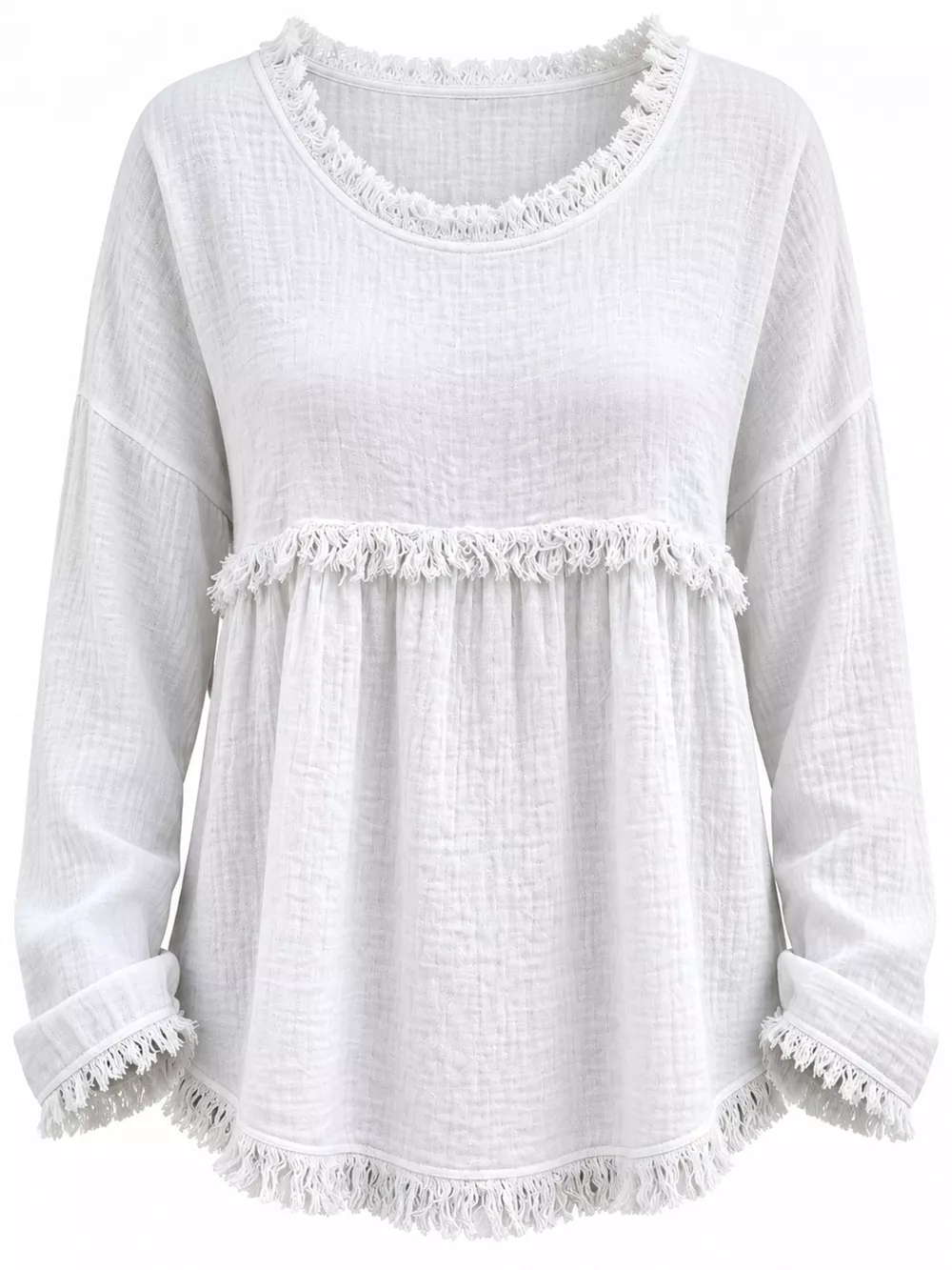 Full Size Frayed Hem Textured Blouse Plus Size, image 13