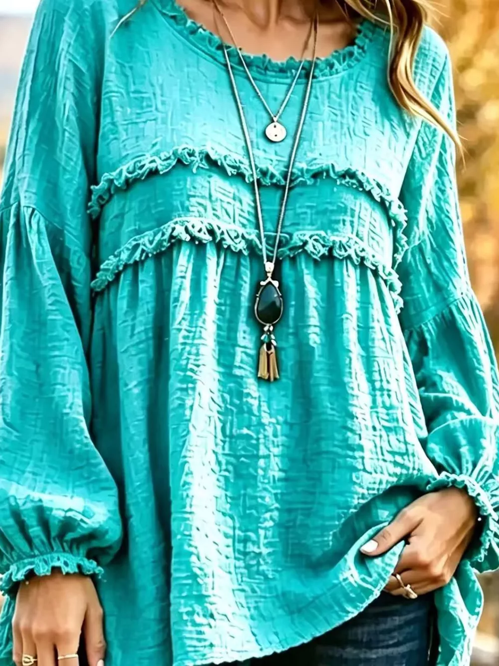 Full Size Boho Chic Textured Frayed Trim Peplum Blouse Plus Size, image 30
